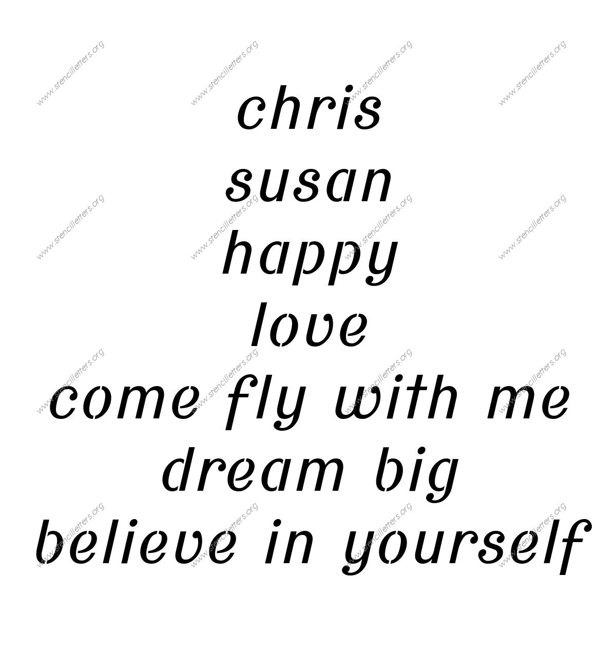 Sans-Serif Cursive lowercase stencil Names, Words, Phrases samples